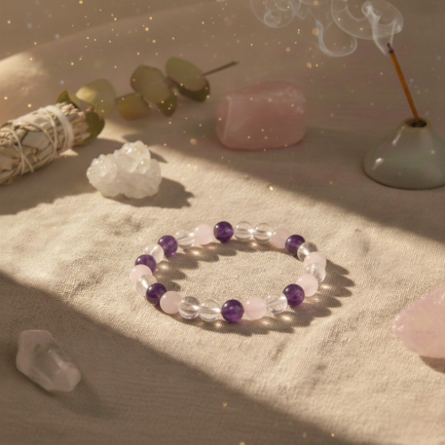Bracelet en Améthyste, Cristal de Roche et Quartz rose